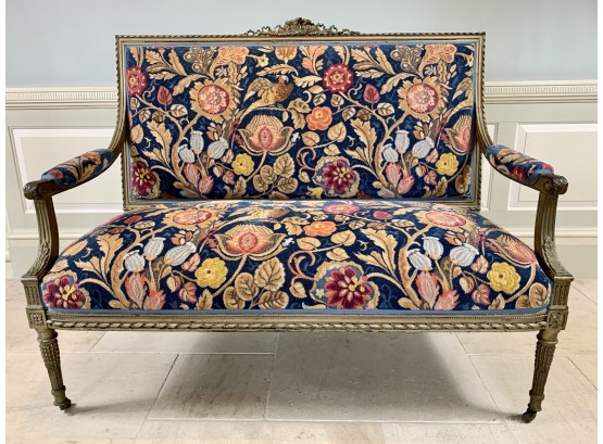 French Antique Tapestry Fabric Gold Wood Trimmed Bench - Navy, Red, Orange, Beige