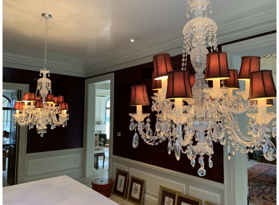 Pair Of Cut Crystal 12 Arm Chandeliers With Rust Silk Shades