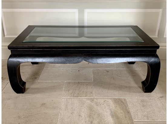 Asian Style Dark Wood Coffee Table With Glass Insert