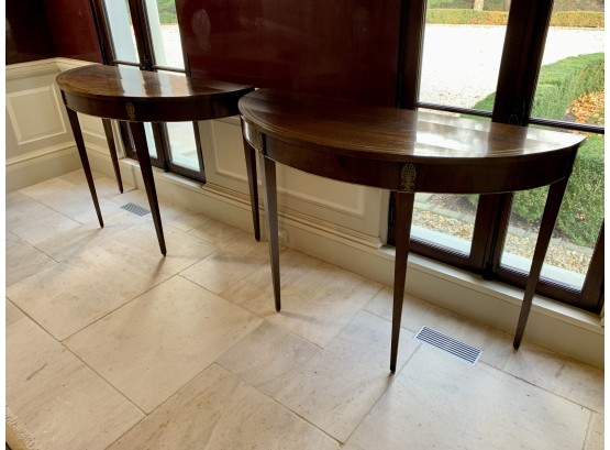Pair Of Demilune Console Tables With Brass Detail