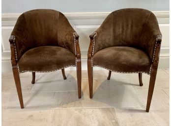 Pair Of Chocolate Brown Suede Fabric Armchairs With Dark Wood And Silver Nailhead Detail