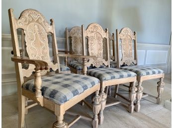 Set Of 6 Carved Pickled Wood Chairs With Custom Fabric Cushions - 2 Arm, 4 Side