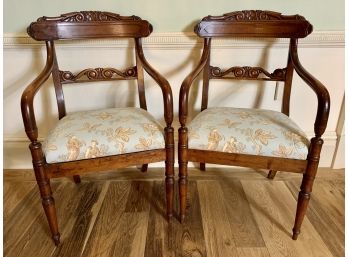 Pair Of Antique Wood Armchair With Beautiful Custom Fabric Seats