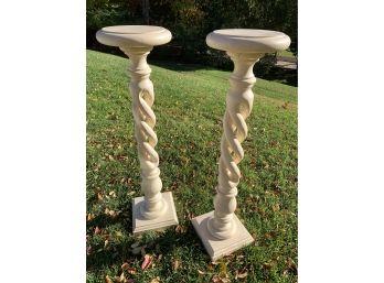 Pair Of Cream Turned Plant Stands - Composite Made To Look Like Marble