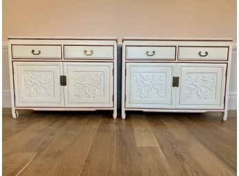 Pair Of Asian Style Painted Cream 2 Door, 2 Drawer Cabinets With Red Trim And Brass Hardware