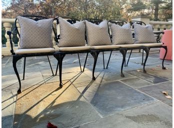 5 Seat Wrought Iron Bench Seating With Seat Cushions And Throw Pillows