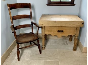Antique Pine Table With 1 Drawer And Antique Armchair