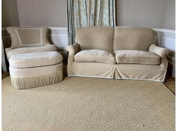 Pair Of Custom Tan Velvet Fabric Sofa And Armchair With Ottoman With Coordinating Grosgrain Detail