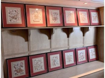 Set Of 12 Japanese Prints Framed In Black With Red Mats