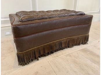Brown Leather Button Tufted Ottoman With Fringe And Brass Nailhead Detail