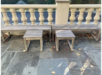 Pair Of Backless Lister Teak Benches And Pair Of Lister Teak Side Tables