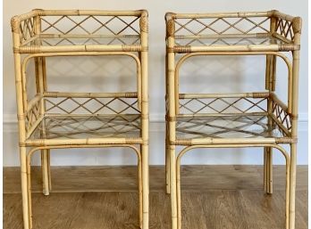 Pair Of Antique Bamboo Side Tables With Glass Top And Shelf