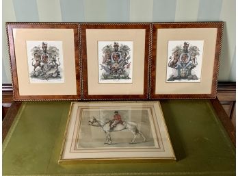 Collection  Of 3 Framed Heraldick Crests From English Country Antiques And 1 Signed Hunt Print