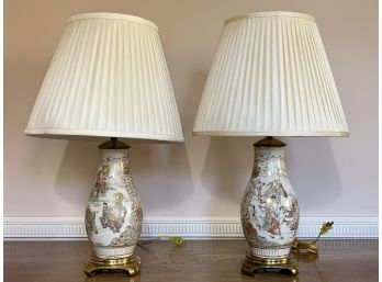 Pair Of Painted Asian Style Ceramic Table Lamps With Brass Detail