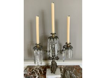 Antique 3 Arm Candelabra With Brass Detail On Marble Base