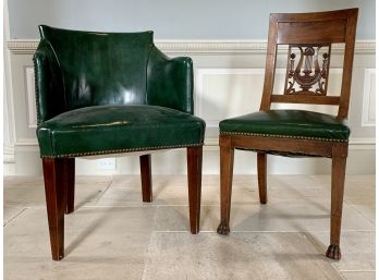 Collection Of 2 Green Leather Chairs With Brass Nailhead Detail
