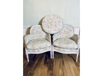 Pair Of Distressed Painted French Upholstered Armchairs With Gorgeous Coordinating Custom Fabric