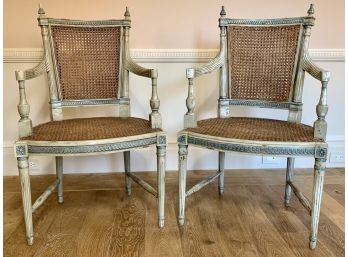 Pair Of Painted French Antique Armchairs With Can Backs And Seats