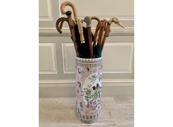 Painted Chinese Export Umbrella/cane Stand With 8 Canes And 6 Umbrellas