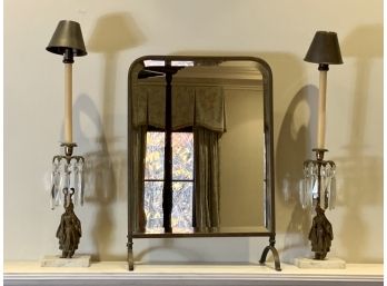 Pair Of Antique Brass And Marble Candelabras With Crystals With Antique Brass Standing Mirror