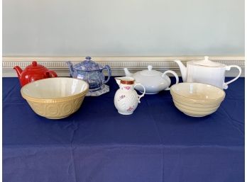 Collection Of 7 English Ceramic Bowls, Teapots And Pitchers
