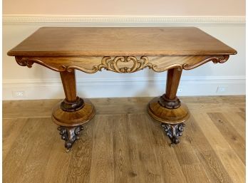 Antique Carved Wood Pedestal Legged Console Table With Wheels