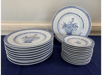 Set Of Blue And White Floral Motif Ceramic Dinner Ware - Made In China