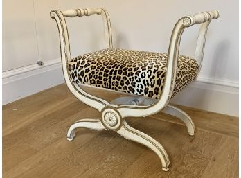 Distressed Painted Cream And Gold Single Stool With Leopard Fabric