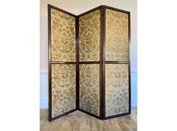 Antique Wood And Floral Fabric 3 Panel Screen
