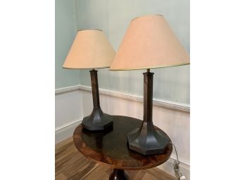 Pair Of Dark Grey Tin Metal Table Lamps With Tan Shades With Gold Trim