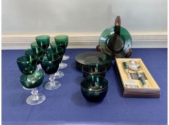 Green Glass Set - Wine, Bowls, Plates