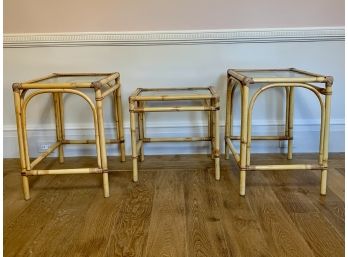 Set Of 3 Antique Bamboo Tables With Glass Tops