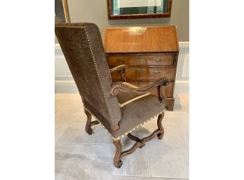 Antique Fruitwood Secretary Desk With 3 Drawers And Carved Wood Armchair With Custom Fabric/grosgrain Detail