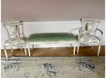 Collection Of French White Distressed Painted 2 Chairs And Bench With Velvet Fabric