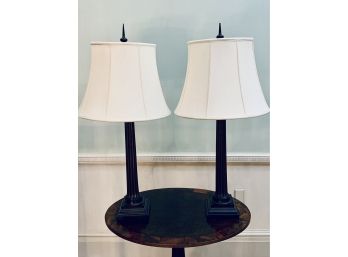 Pair Of Dark Metal Table Lamps With Cream Linen Shades