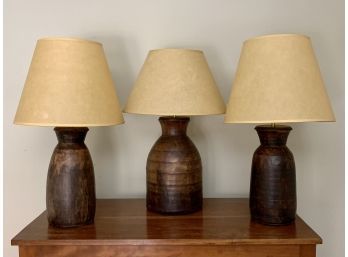 Pair Of Wood Lamps With Tan Paper Shades