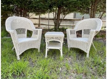 Pair Of Wicker Arm Chairs And Wicker Side Table - Cream