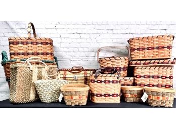 Collection Of 13 Woven Baskets  Plus 2 Woven Bags And 2 Beaded Boxes  - Brand New