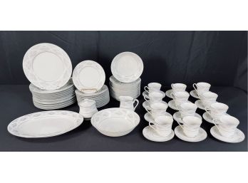 Set Of Fine China With Mark - Blues, Greys, Rose And White
