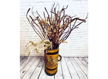 Composite Umbrella Stand With Leather Accents With Decorative Driftwood And Pussy Willows