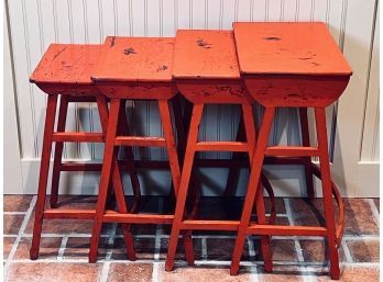 Set Of 4 Nesting Tables With Asian Scenes Painted - Orange/red