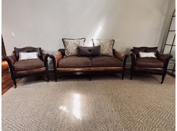 Custom Living Room Set - Pr. Leather Armchairs & Couch W/upholstered Seats Carved Frame With Nailhead Detail