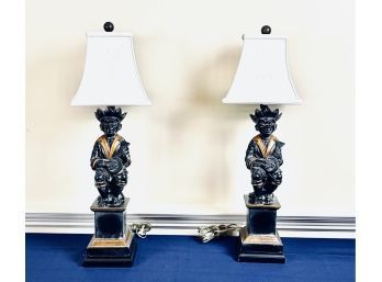 Pair Of Monkey Lamps - Cast Iron - Black With Bronze