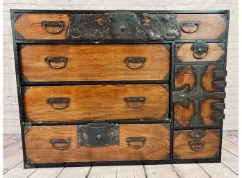 Antique Asian Campaign Chest - 6 Drawers, 1 Door - Black Metal Hardware