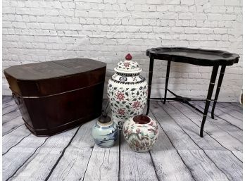 Collection Of Asian Furnishings - Antique Covered Box, Large Ginger Jar, Tray Table