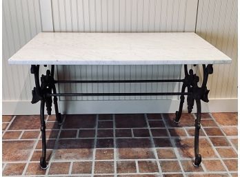 Antique Marble Top Table On Wrought Iron Boar Base