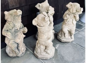 Set Of 4 Concrete Pigs Playing Instruments - For Garden