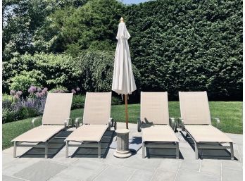 Set Of 4 Gloster Lounge Chairs - Teak, Mesh And Aluminum With Pedestal And White Sunbrella Umbrella
