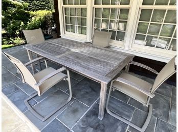 Gloster Teak Dining Table With 4 Gloster Teak, Mesh And Aluminum Arm Chairs