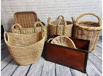 Collection Of 6 Large Baskets - 5 Woven And 1 Fiberglass